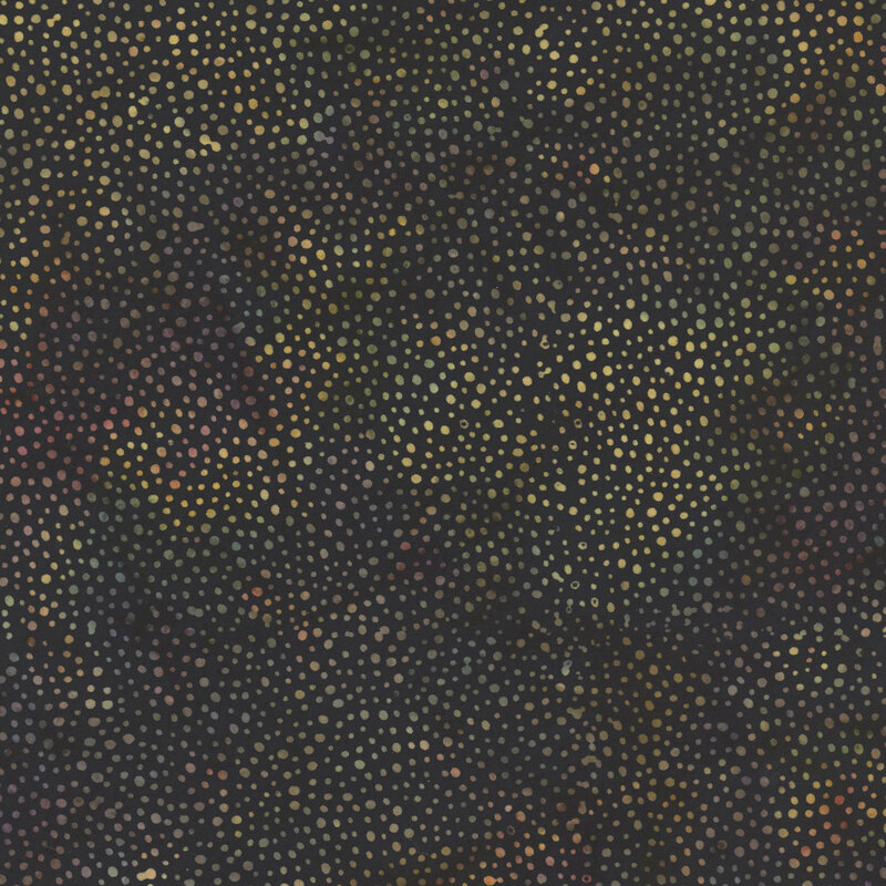black fabric with a pattern of colorful dots on a mottled background.