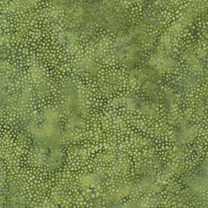 Swatch of lizard green tonal batik with mottling and irregular dots.