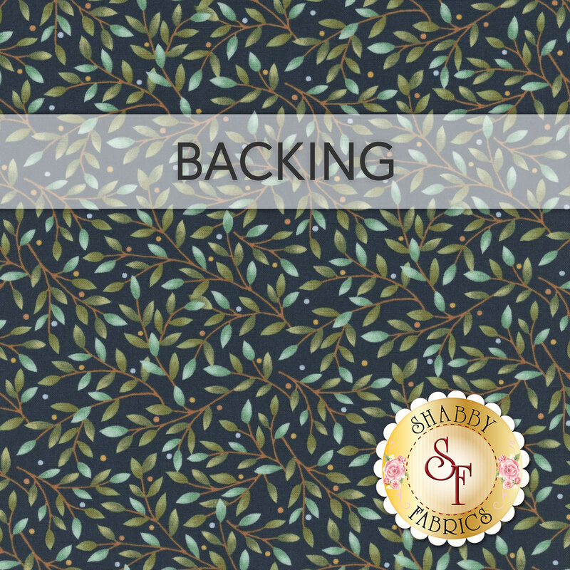 Swatch of navy blue fabric with crawling light brown branches with sage ad eucalyptus colored leaves. A transparent banner at the top reads "Backing."