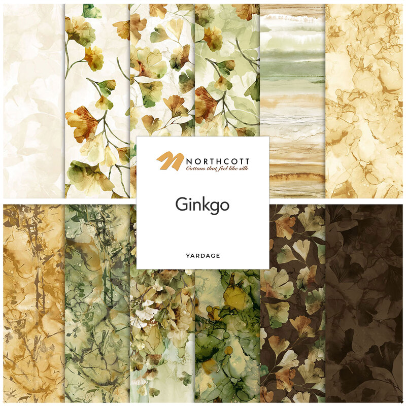 Collage of the leafy and earth tone Northcott Fabrics Ginkgo fabric collection. 
