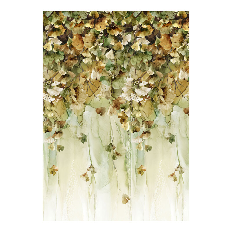 Ombre earth tone fabric with dense draping leaves and branches thinning towards the bottom.