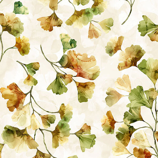 Branches of earth tone leaves tossed onto a cream colored fabric with varying shades of leaves.
