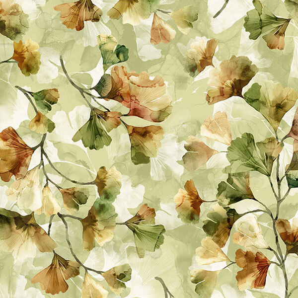 Branches and earth tone leaves tossed onto a sage green leaf textured fabric of varying shades.