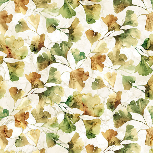 Earth tone branches and leaves strewn across a mottled textured cream fabric.