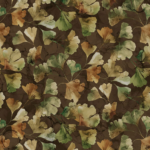 Mottled dark brown mink fabric strewn and overlayed with earth tone branches and leaves.
