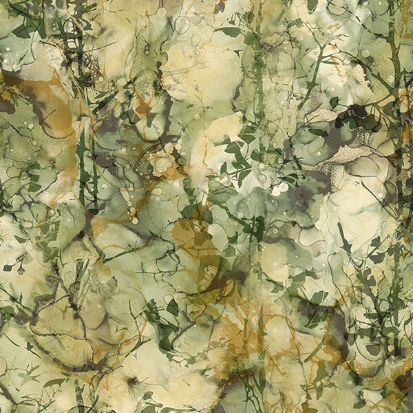 Mottled moss green and tan fabric overlayed with dark green branches and leaves.
