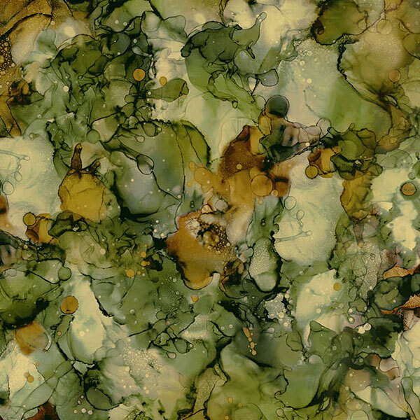 Marbled and mottled fabric with varying earthy shades of green and brown.