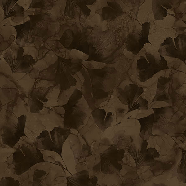 Fabric packed with varying espresso shades of leaves.