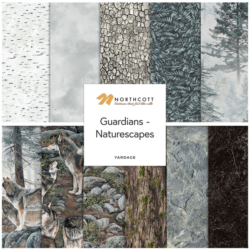 Collage of the Northcott Fabrics Guardian - Naturescapes collection. 
