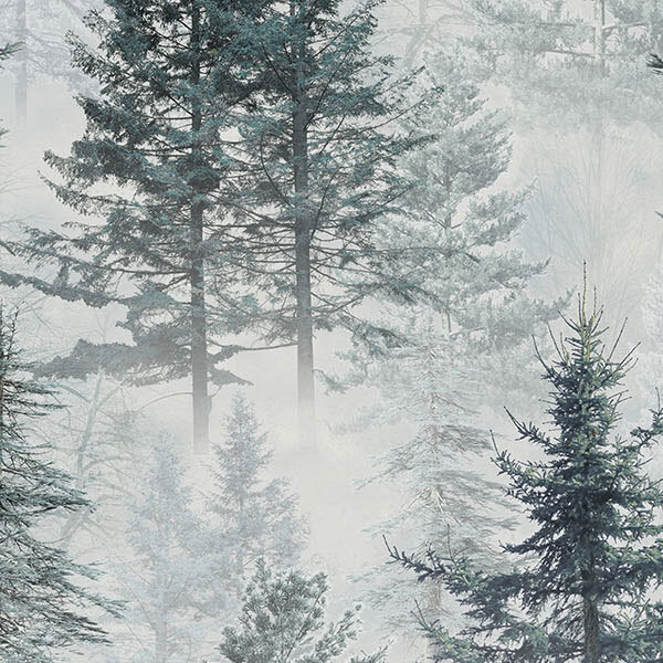 A fabric containing pine trees reaching up and out of a thick fog.