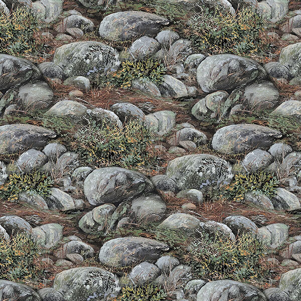 Fabric containing a continuous, gray rocky forest floor.