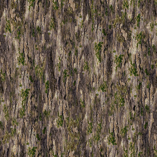 A fabric containing a textured tree bark with moss growing across the pattern.