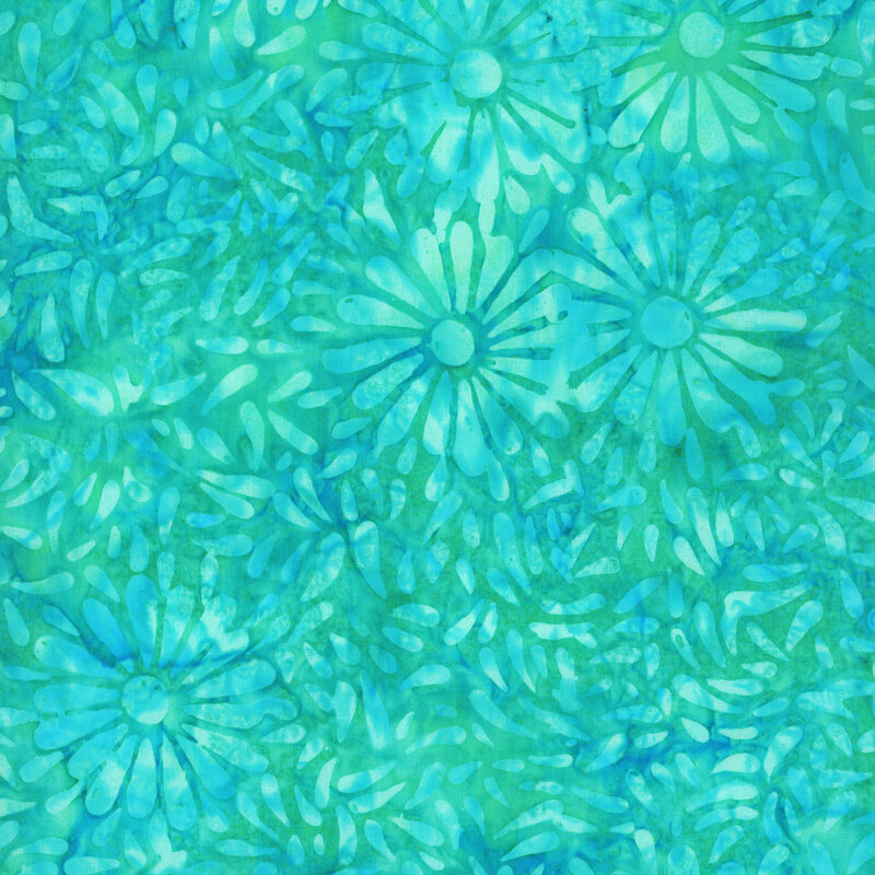 Bright teal batik featuring a repeating daisy petal motif.