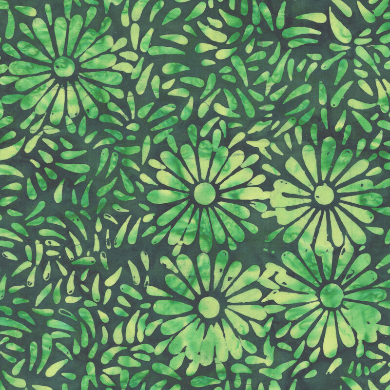 Dark green batik featuring a repeating grass green daisy petal motif.