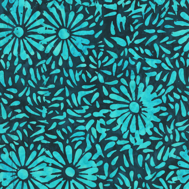 Dark blue batik featuring a repeating baby blue daisy petal motif.