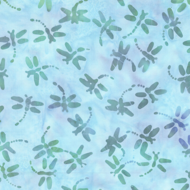 Ocean blue and turquoise batik with overprinted dragonflies scattered throughout the fabric.