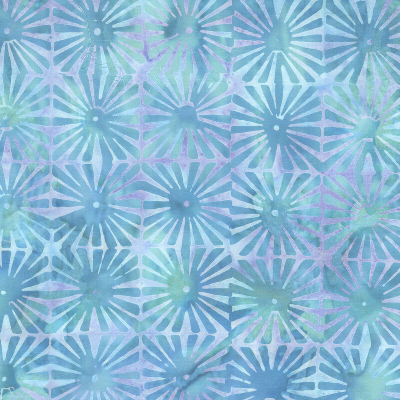 Wisteria and turquoise geometric batik in a grid pattern of sun rays.