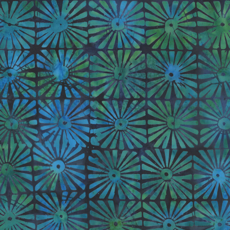 Navy geometric fabric with a grid pattern of sun rays.
