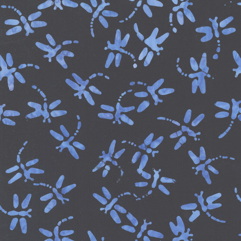 Black batik with peacock blue dragonflies scattered throughout the fabric.