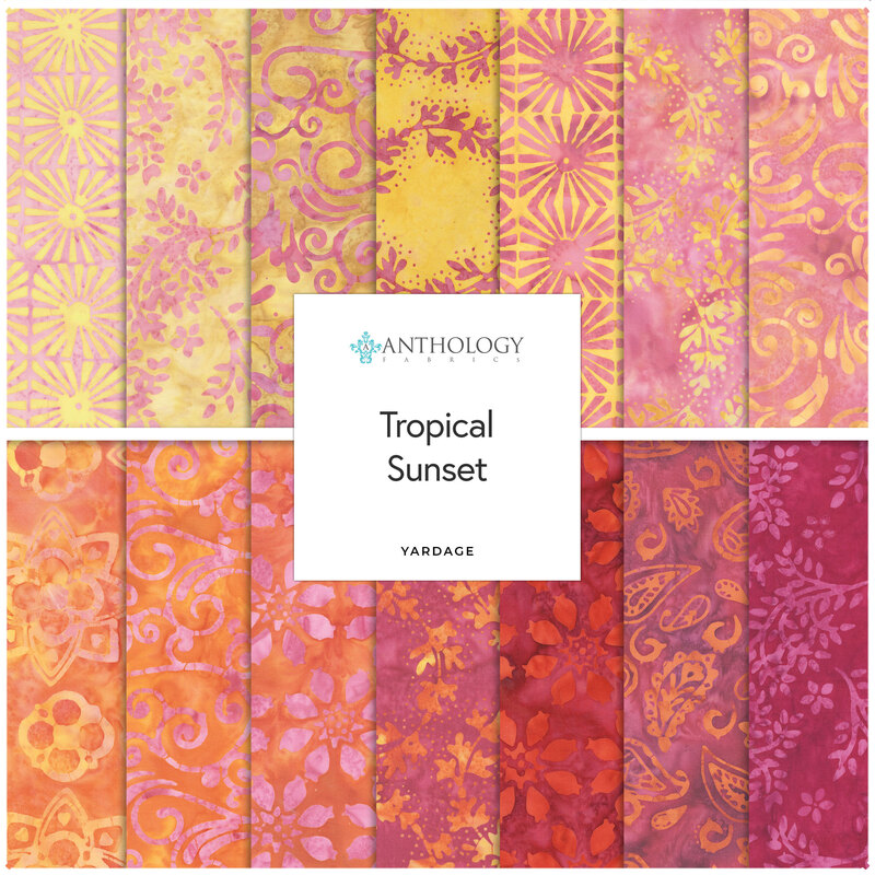 Square collage of batik fabrics from the Tropical Sunset collection in hues of yellow, orange, and magenta.