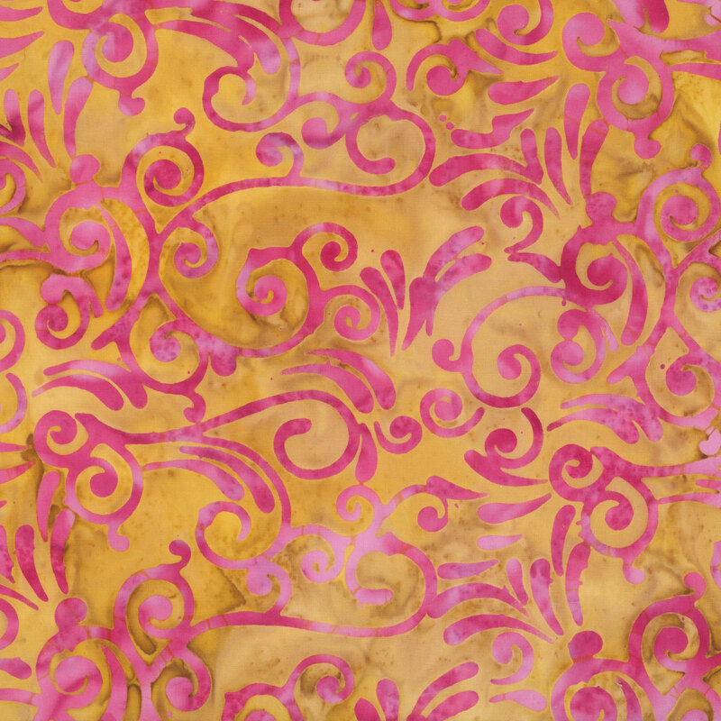 Mottled brassy batik fabric featuring a light mulberry scroll pattern.