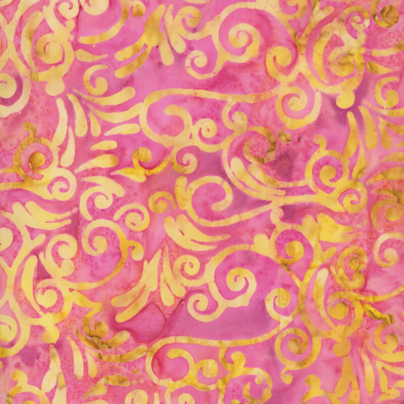 Mottled pink fabric with an ocher and pale yellow scroll print.