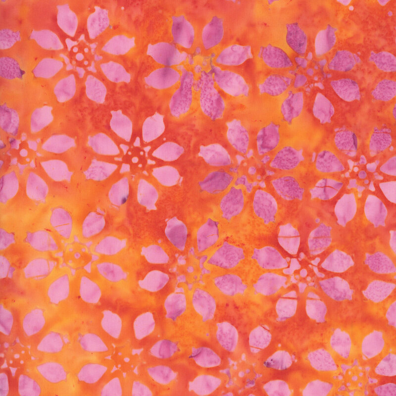 Pink floral motifs tossed on a mottled orange background.