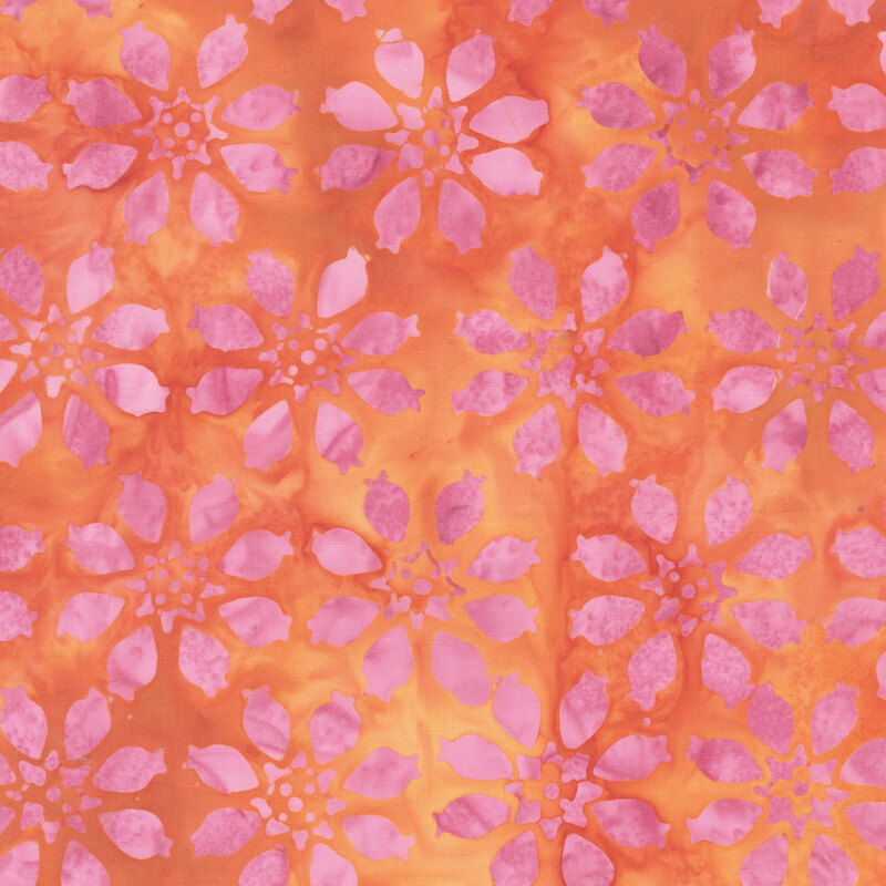 Pink floral motifs tossed on a mottled orange background.