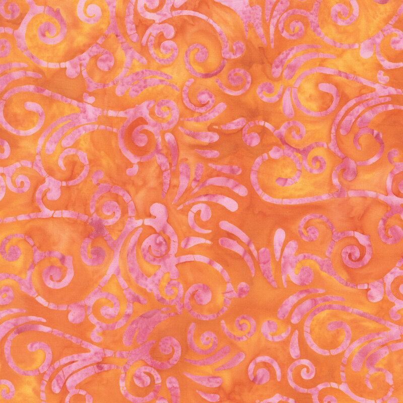 Mottled orange fabric with a pale pink scroll print.