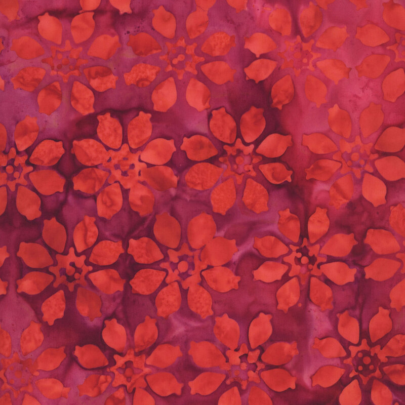 Coral red floral motifs on a mottled sangria red background.
