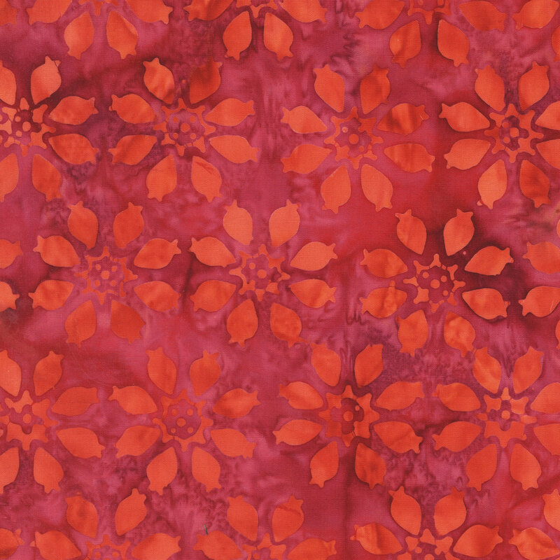 Coral red floral motifs on a mottled sangria red background.