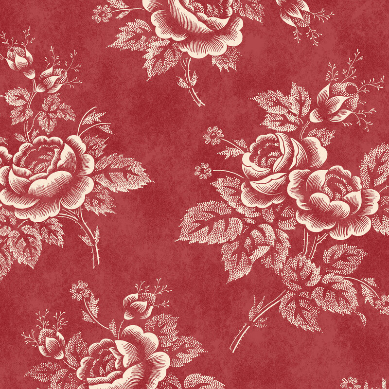 Red mottled fabric with bunches of white roses.