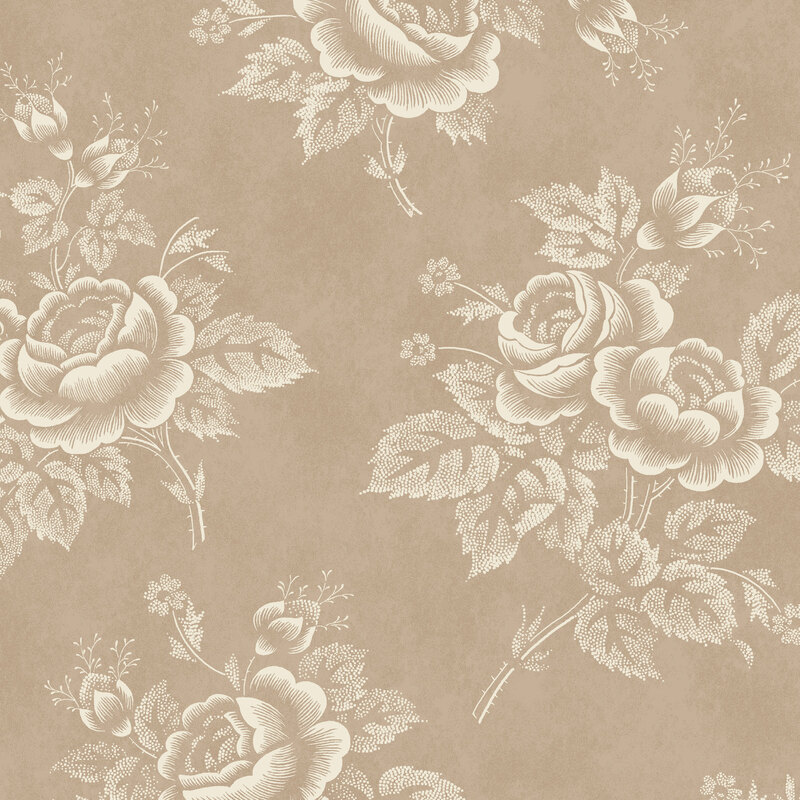 Mottled tonal tan fabric with bunches of beige roses.