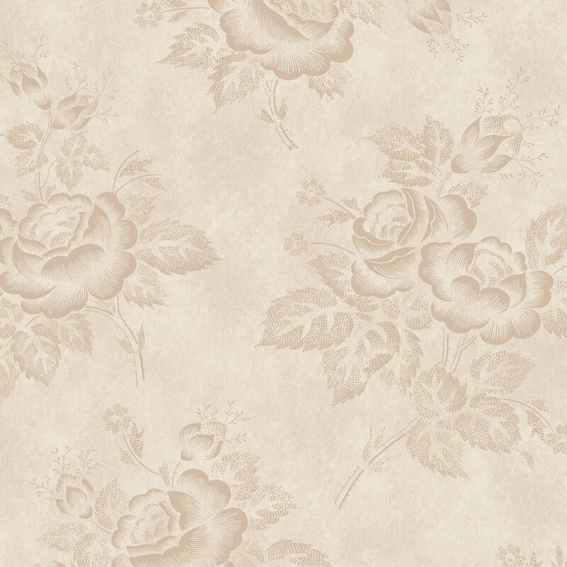 Mottled beige fabric with bunches of tan roses.