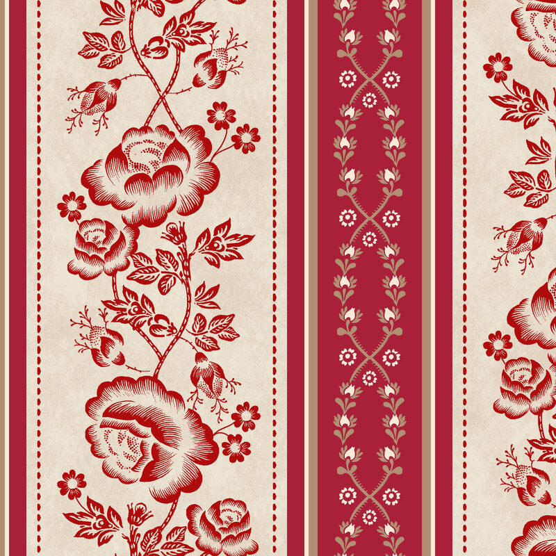 Tan and red stripe fabric with vines of red roses separated by tan interlocking vines.