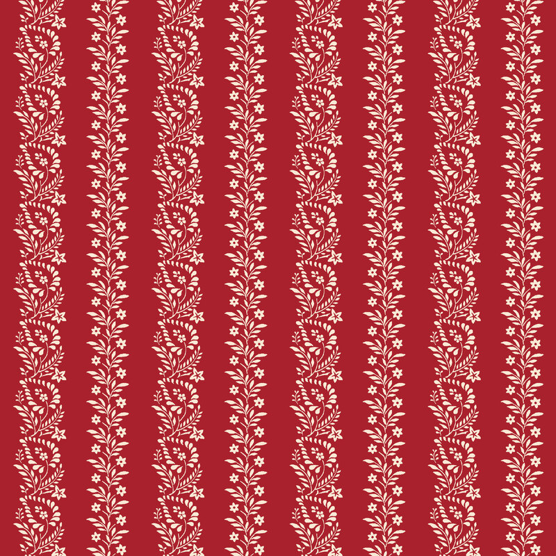 Red fabric with rows of cream colored vines and florals
