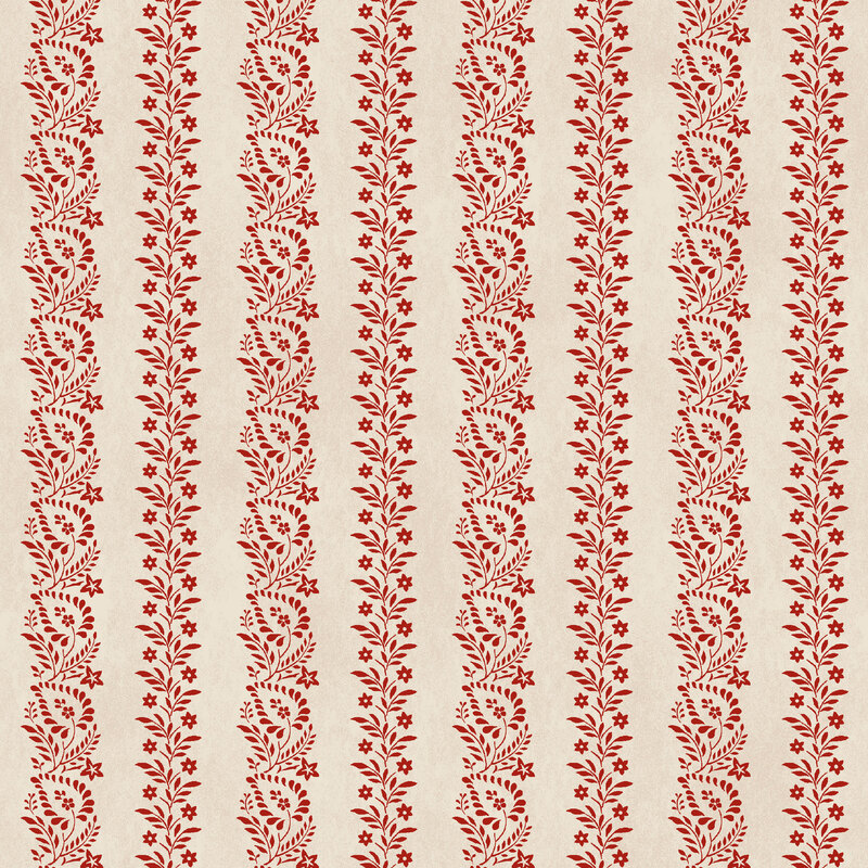 Cream fabric with rows of red colored vines and florals