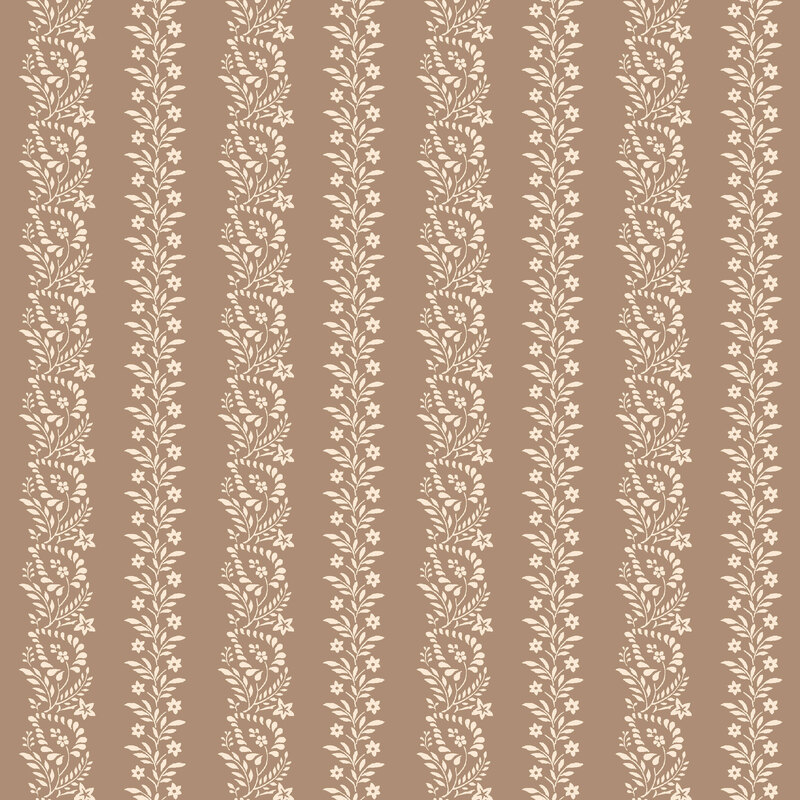 Tan fabric with rows of cream colored vines and florals.