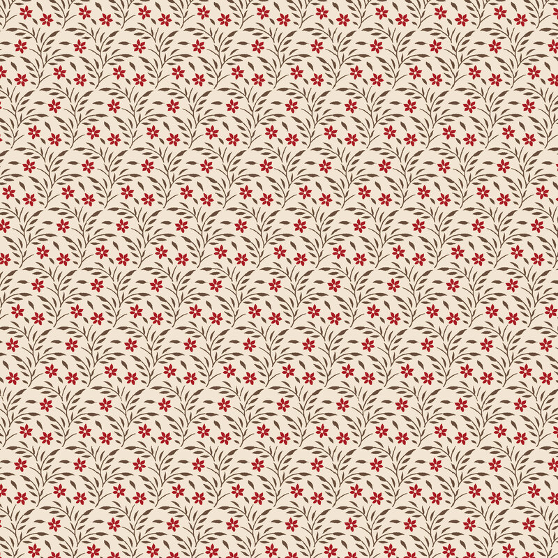 Cream fabric with red and tan vines and florals.