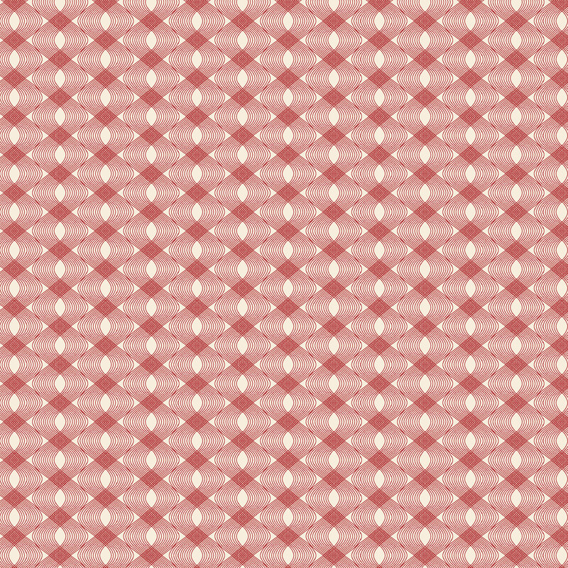 Beige fabric with a packed red half-step ogee pattern.