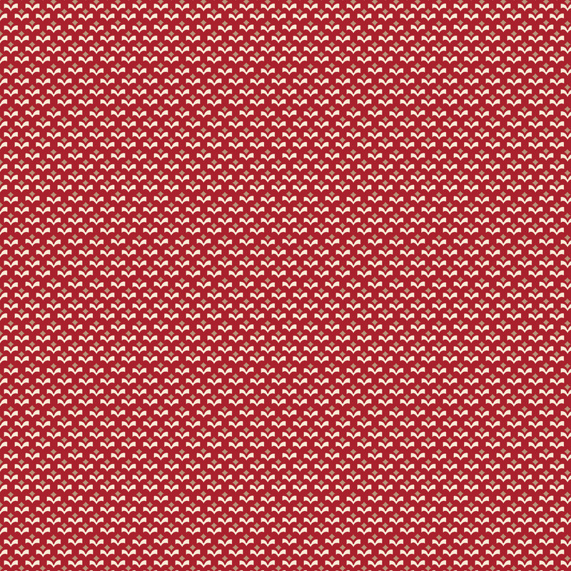Red fabric with a horizontal staggered white geometric bud design.