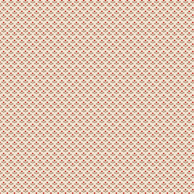 Beige fabric with a horizontal staggered red geometric bud design.