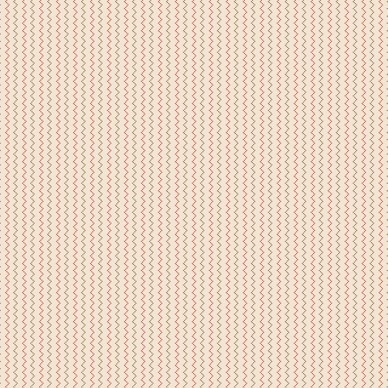 Beige fabric with a repeating vertical red and fawn dotted zigzag pattern.
