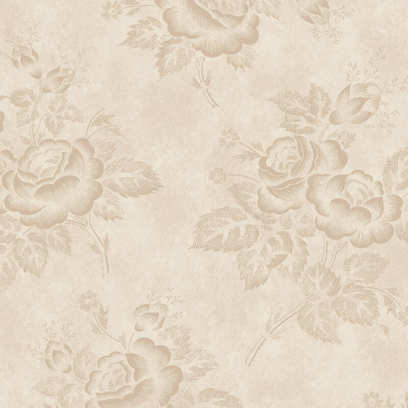 Mottled tonal beige fabric with scattered bunches of roses.