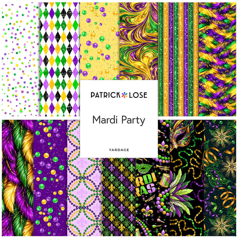 A fabric collage featuring colorful Mardi Gras fabrics from the Mardi Party collection by Patrick loose. 
