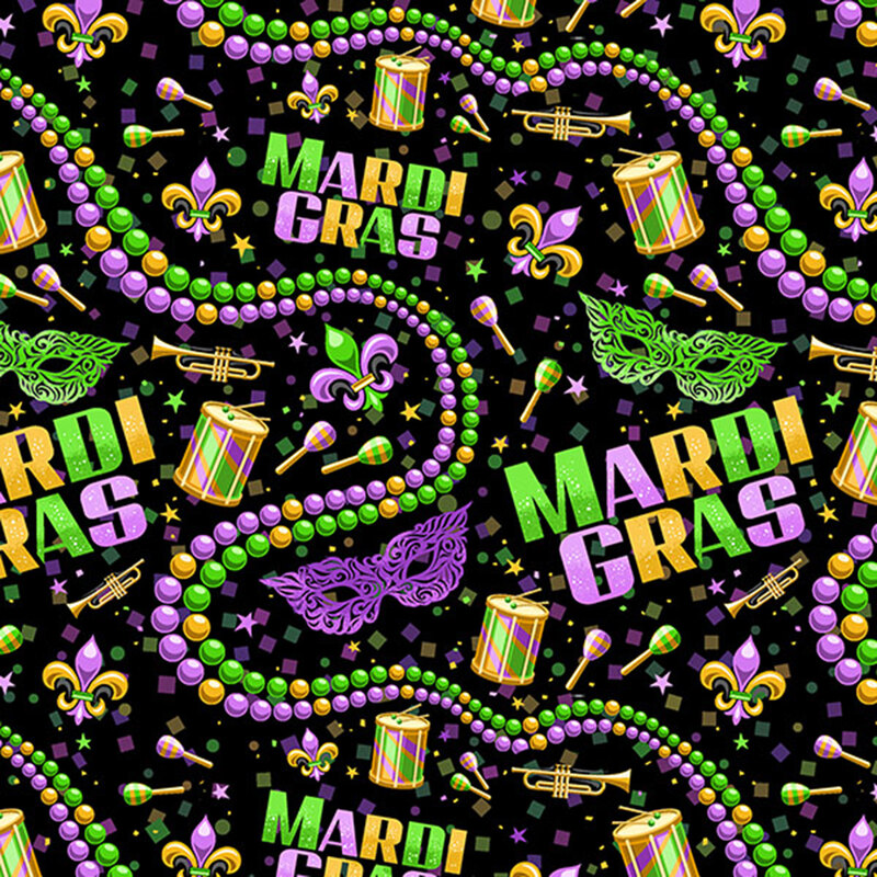 This black fabric features winding strands of Mardi Gras beads, ornate Venetian masks, musical instruments, confetti, and scattered fleur de lis motifs.