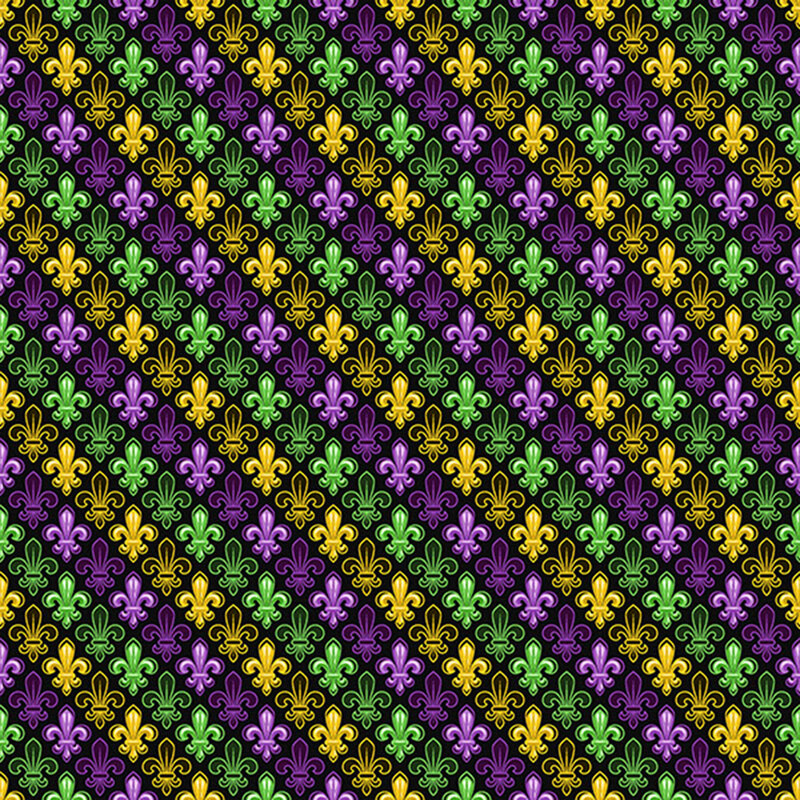 This black fabric features a half-drop design of fleur de lis in purple, green, and gold. 