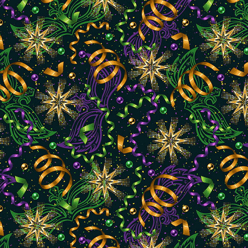 This black fabric features scattered curly ribbons, mardi gras beads, golden stars, and Venetian masks. 
