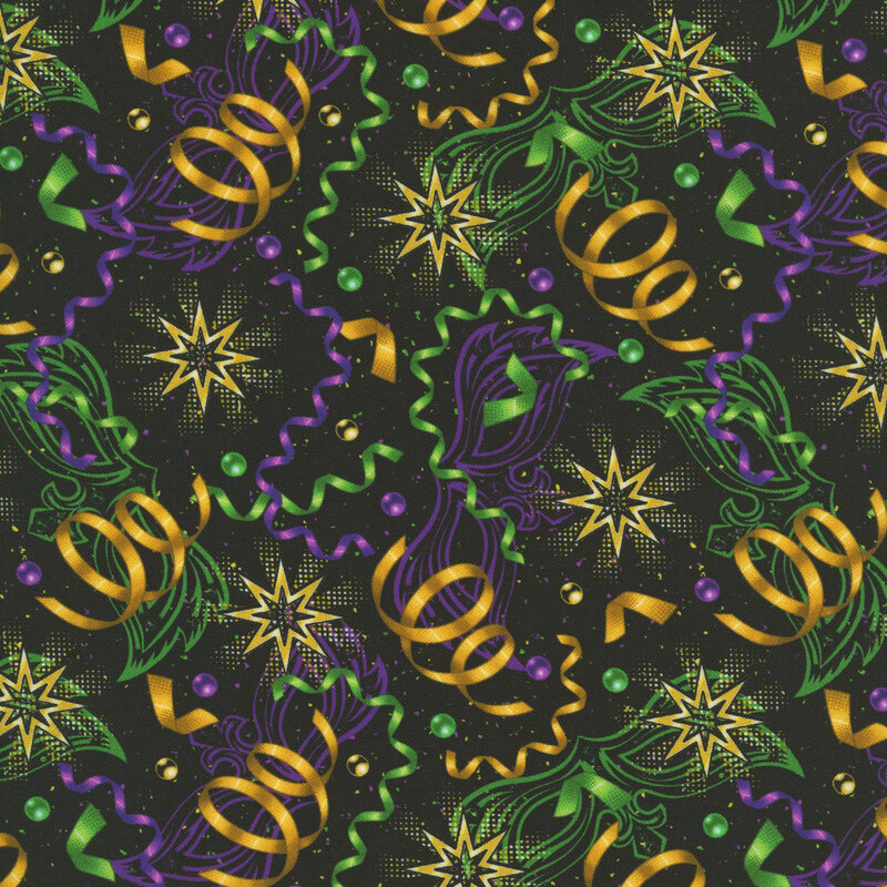 This black fabric features scattered curly ribbons, mardi gras beads, golden stars, and Venetian masks. 