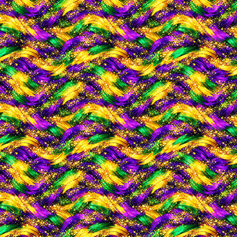 Strokes of purple, yellow, and green create a painterly texture with gold sparkles.